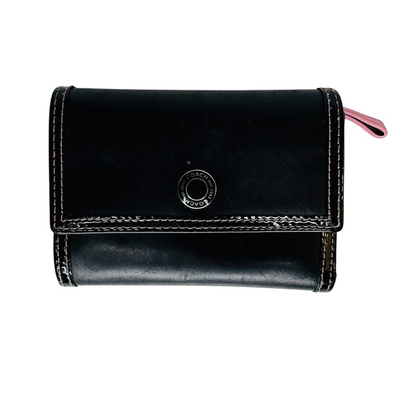 Vintage COACH Black Leather Trifold Wallet Pink Stitching Interior Y2K - Picture 1 of 9